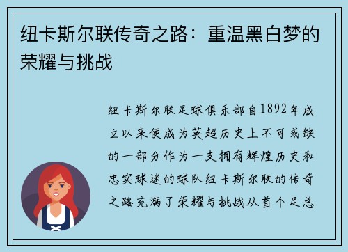 纽卡斯尔联传奇之路：重温黑白梦的荣耀与挑战